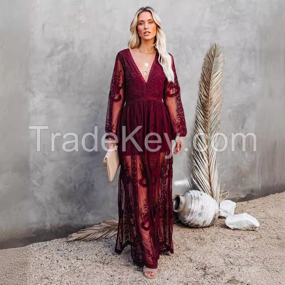 2021 Spring/Summer Cross-border Amazon New European and American Women's Lace Long Sleeve V-Neck Solid Color Chiffon Summer Dress Amazon New European and American Women's Lace Long Sleeve V-Neck Solid Color Chiffon Summer Dress