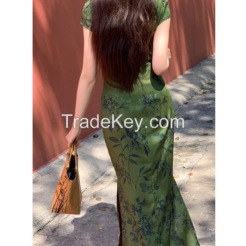 Danqingke's new Chinese jacquard improved cheongsam women's spring temperament retro short-sleeved dress long skirt thin cheongsam skirt