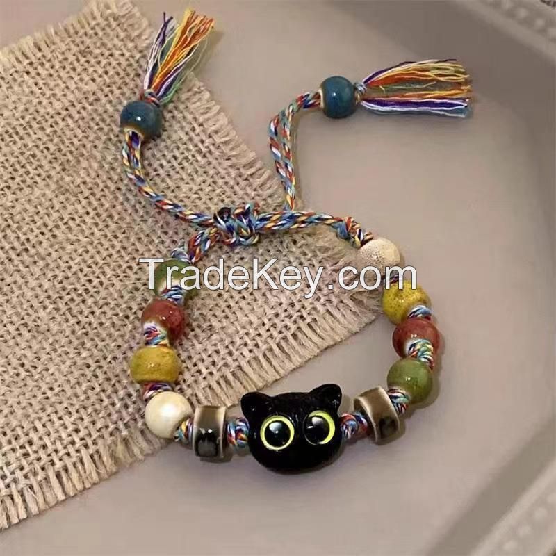 Bracelet women new Chinese color ceramic beaded cat personality fashion new niche design sense hand-woven twine