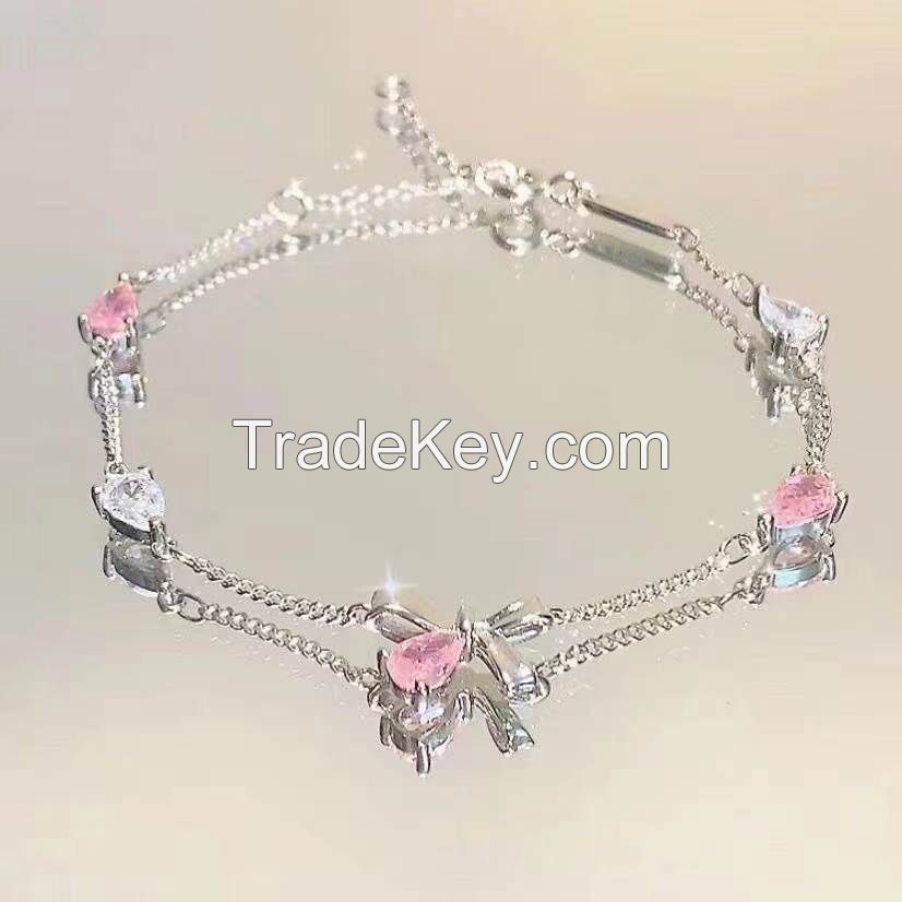 Cherry blossom bow bracelet niche light luxury temperament senior pink zircon cool feeling boudoir hand bracelet trend