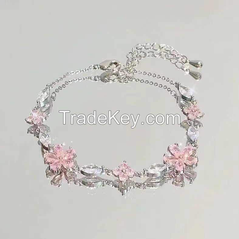 Cherry blossom bow bracelet niche light luxury temperament senior pink zircon cool feeling boudoir hand bracelet trend