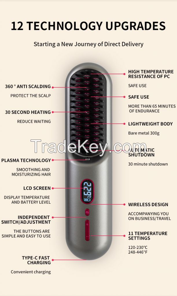 Cordless portable hair straightener brush for travel-Mini Ionic Hot Comb Straightener