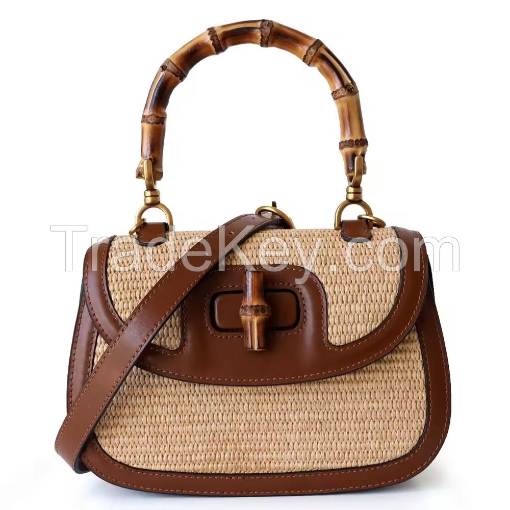 Hand-made bamboo cowhide casual bag for women