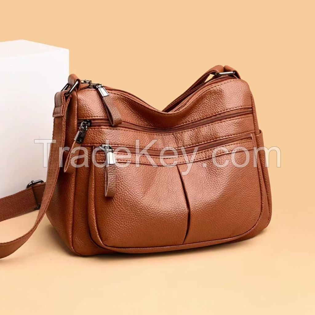 Multi-layer leather shoulder bag for the elderly