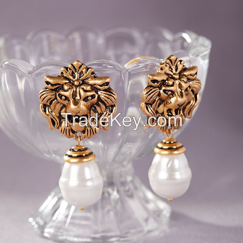 Lewis Segal Vintage Lion Head Earrings With Pearl Drop