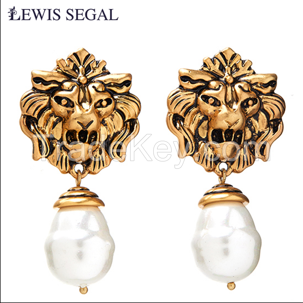 Lewis Segal Vintage Lion Head Earrings With Pearl Drop