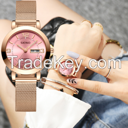 Women's Quartz Watch, Non-Mechanical Milan Watch, Luminous Waterproof, Dual Date, Schoolgirl Alloy Watch