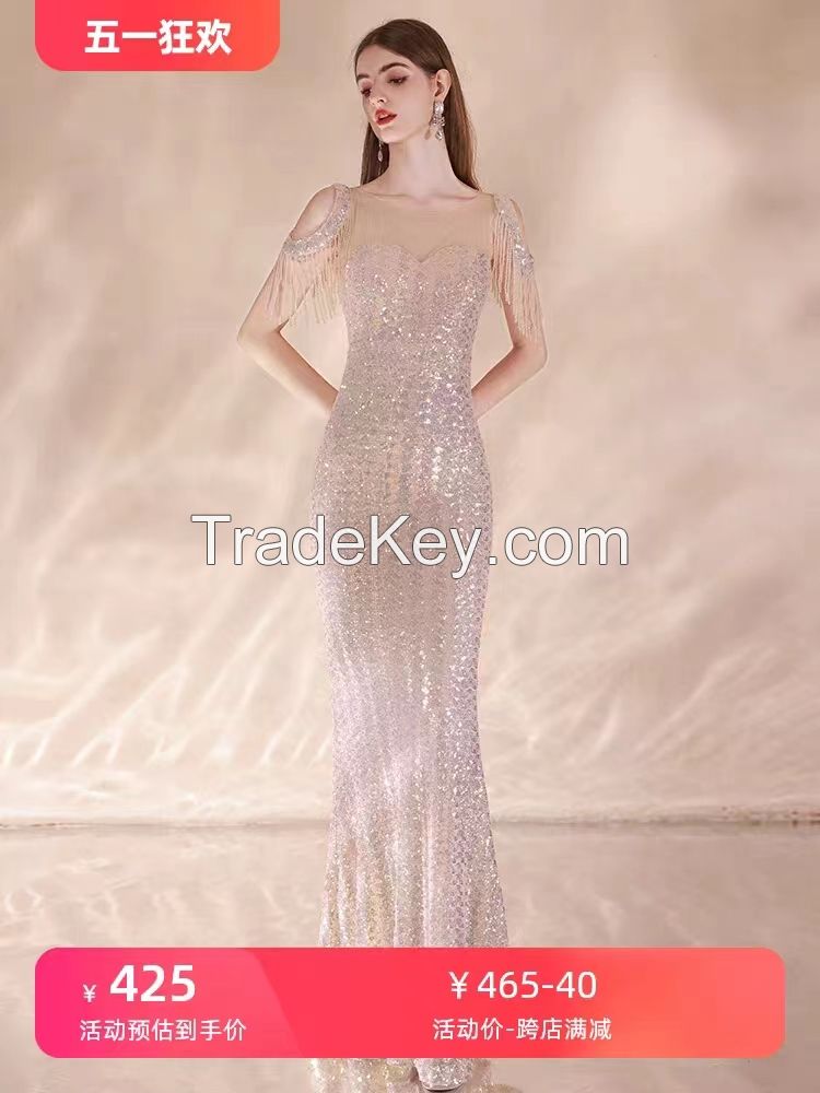 High-end sequinned beauty boutique annual banquet host dress