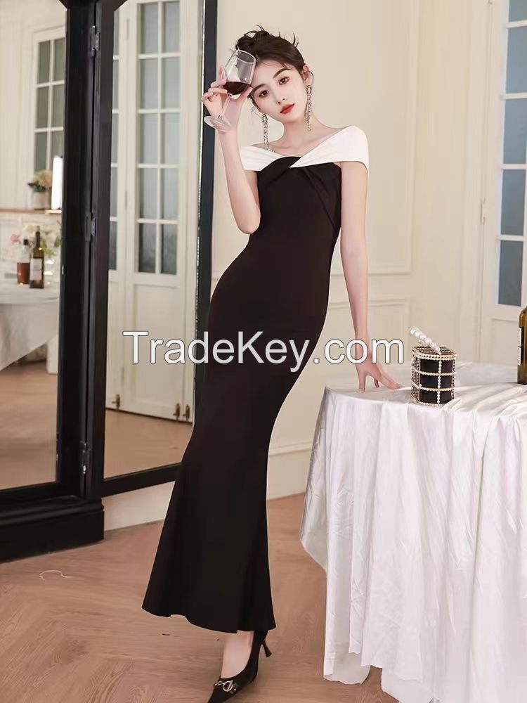 Light luxury niche black birthday party a word shoulder fishtail