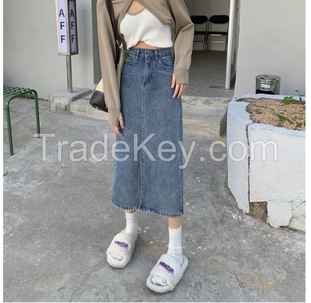 Spring/summer 2022 new denim skirt women's mid-length small fresh high-waisted slim small split skirt