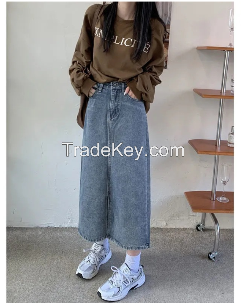 Spring/summer 2022 new denim skirt women's mid-length small fresh high-waisted slim small split skirt