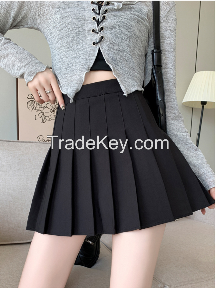 Spring and summer fashion, simple pleated skirt, high-waisted thin white skirt, preppy style schoolgirl anti-walking short skirt