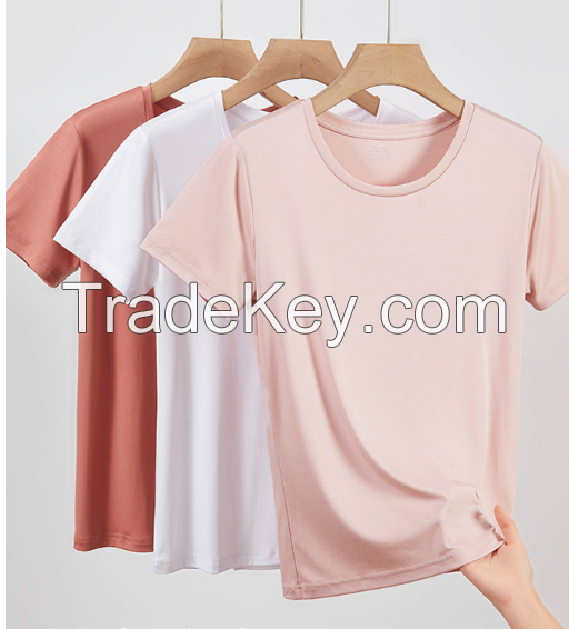 Shoulder length short sleeved white T-shirt, women&#039;s modal round neck, spring and summer inner matching base shirt, mulberry silk T-shirt top