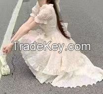 Princess dovetail dress pure gentle wind floral solid color square collar irregular fairy dress