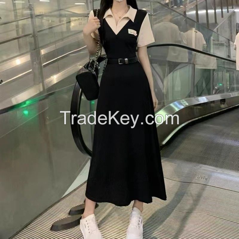 Temperament short sleeve dress Female summer plus size fat mm waist slimming preppy Spice A skirt