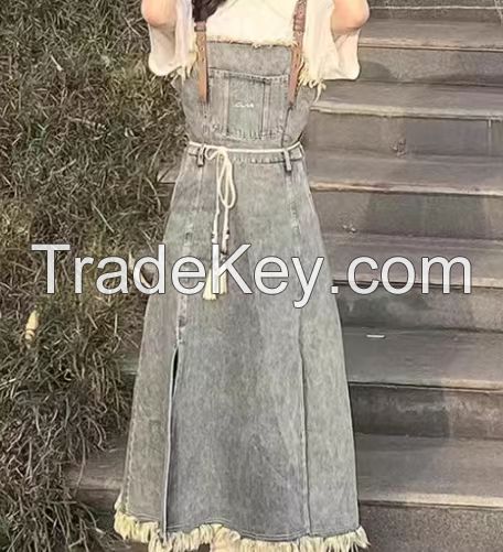 Denim suspenders skirt women&#039;s new raw edge retro high waist slimming halter mid-length dress set