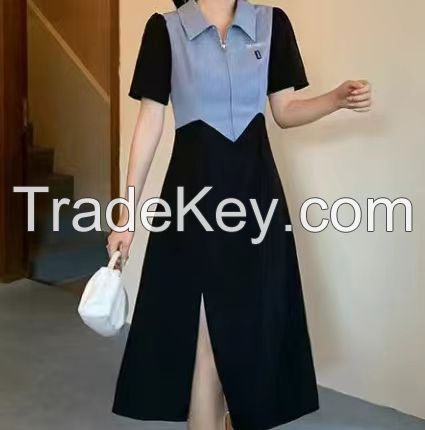 Color contrast split POLO collar dress women's summer new splicing design sense waist slimming dress son