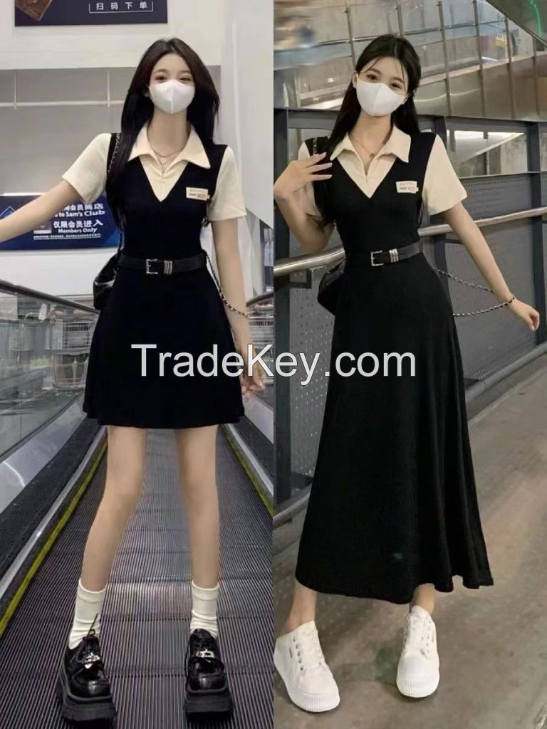 Temperament short sleeve dress Female summer plus size fat mm waist slimming preppy Spice A skirt