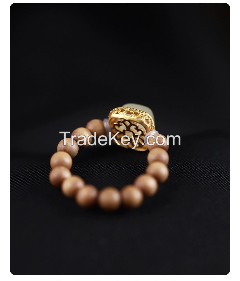 Laosan Sandalwood Small Bead Ring Ancient Style Female Niche Design Sense Retractable Ring And Jade Hand Decoration Chinese Style