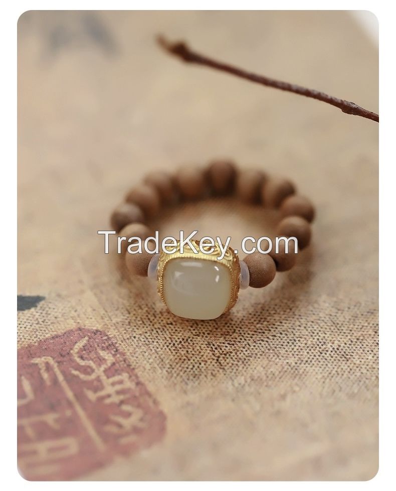 Laosan Sandalwood Small Bead Ring Ancient Style Female Niche Design Sense Retractable Ring And Jade Hand Decoration Chinese Style