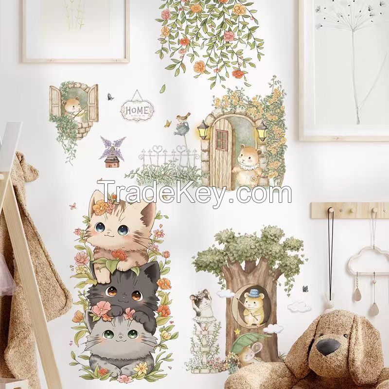 Cartoon cute cat wall stickers flower leaves children's room decoration Wall waterproof self-adhesive kindergarten classroom