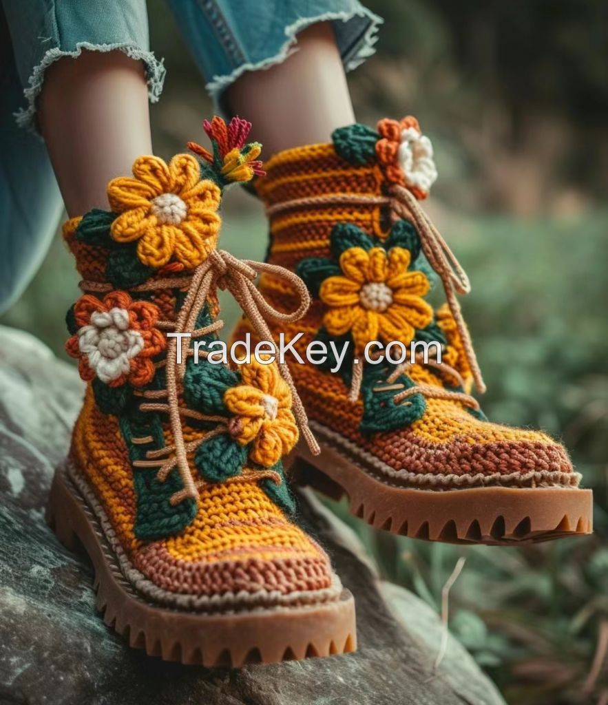 Pure hand-made crocheted shoes women&#039;s finished products winter season warm non-slip soft