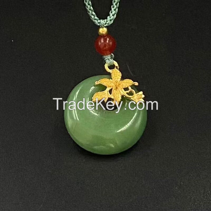 Hotan Jade Gold Plated and Jade Inlaid Women's Flower Branch Jade Jade Peace Buckle Necklace Small Pendant