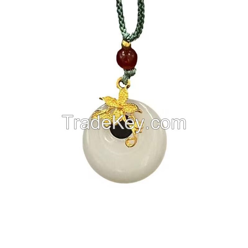 Hotan Jade Gold Plated and Jade Inlaid Women's Flower Branch Jade Jade Peace Buckle Necklace Small Pendant