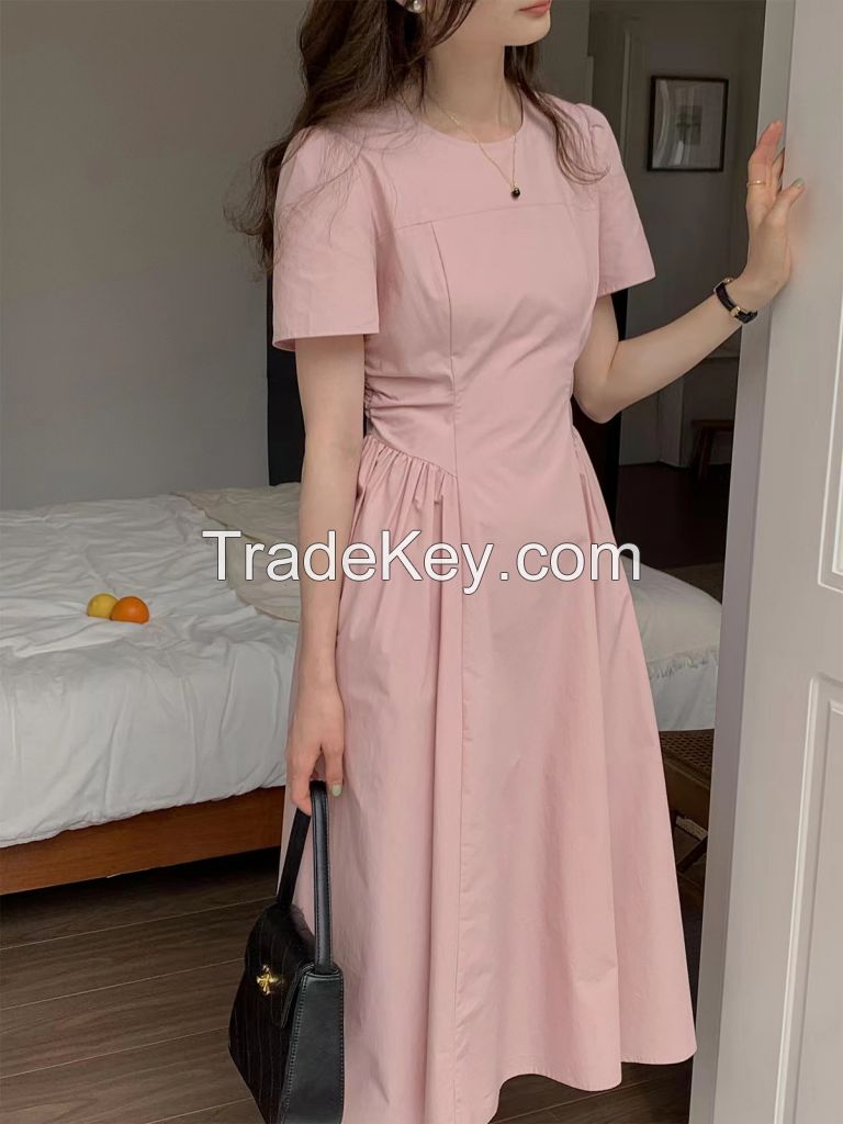 Dress for women 2023 summer new niche retro waist fold bubble short sleeve round neck skirt