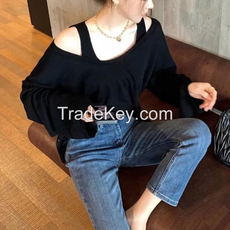 Wool sunscreen long sleeve knitted top vest two-piece women 2024 spring/summer thin loose casual smock T-shirt