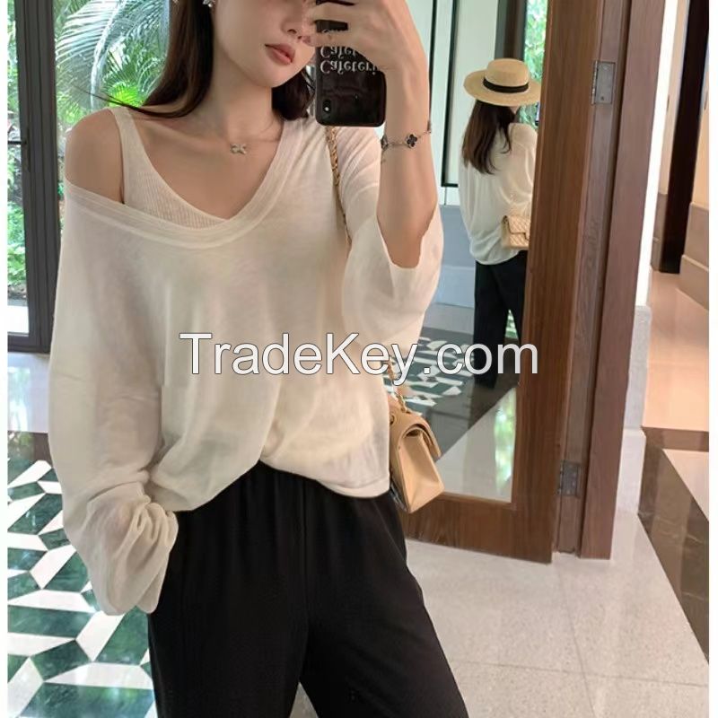 Wool sunscreen long sleeve knitted top vest two-piece women 2024 spring/summer thin loose casual smock T-shirt