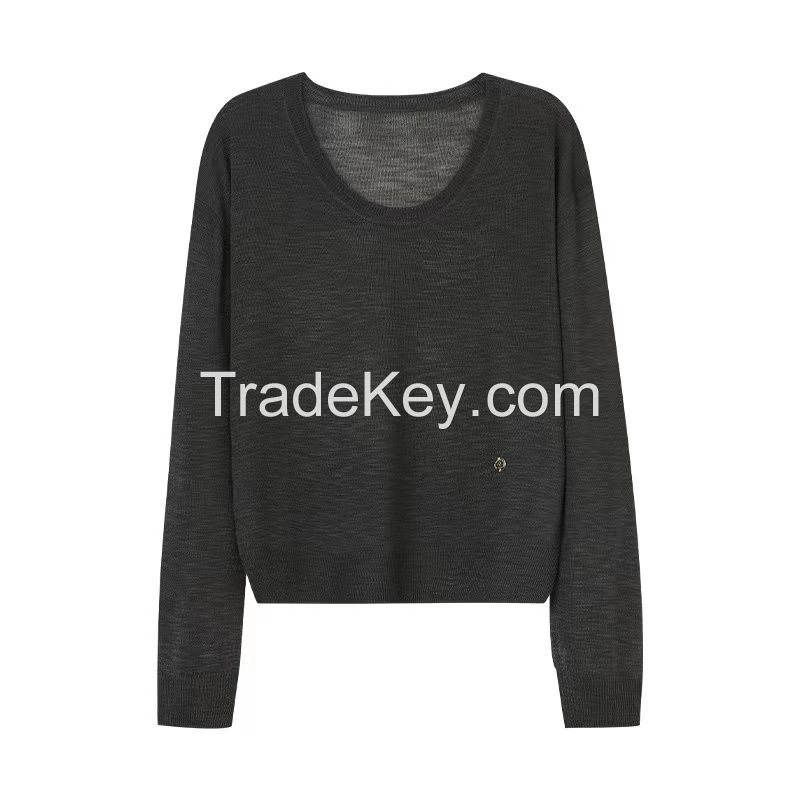 Low round neck micro through thin long sleeve knitted smock women 2024 spring new model Slouchy blouse