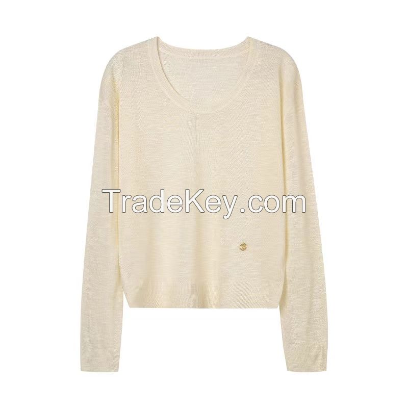 Low round neck micro through thin long sleeve knitted smock women 2024 spring new model Slouchy blouse