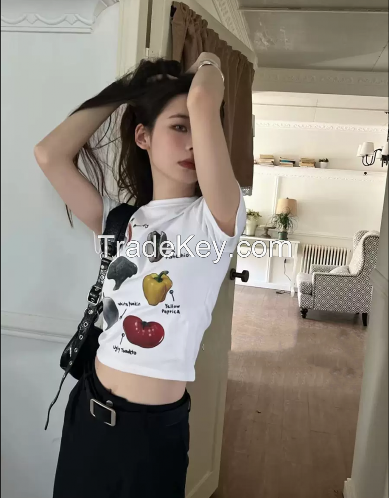 Spring/Summer Trendy Leisure Vegetables Short sleeved High Elastic Slimming Versatile Short T-shirt Small Edition T Spicy Girl