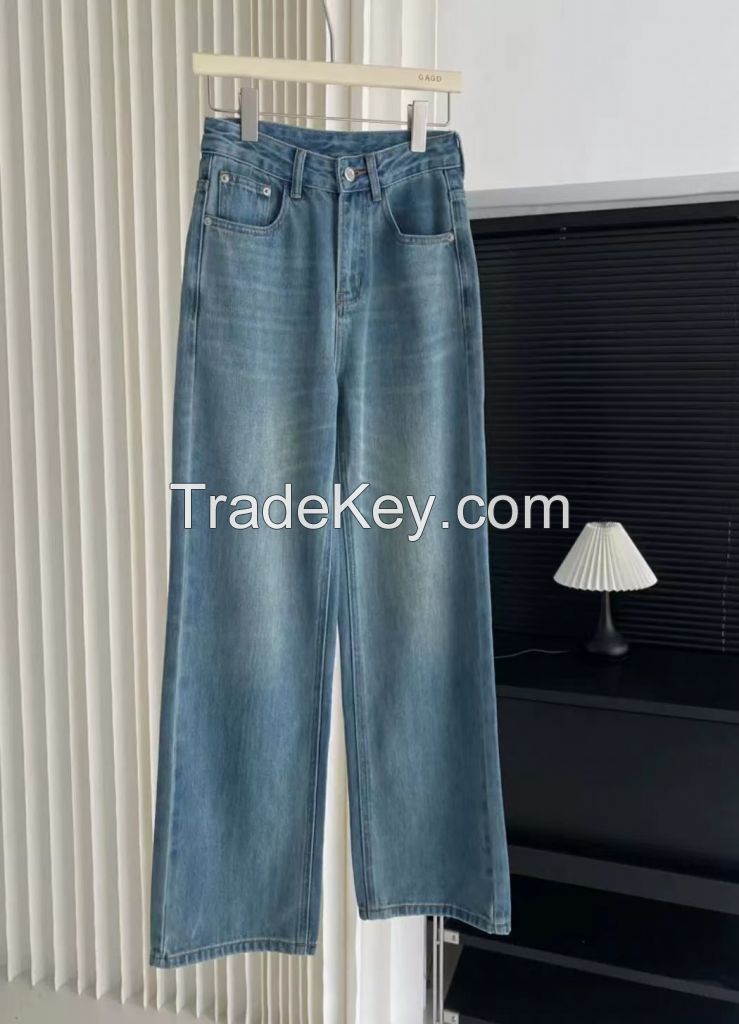 Jena retro straight leg denim pants for women in early spring 2024, new Korean style high waisted slimming straight leg denim pants