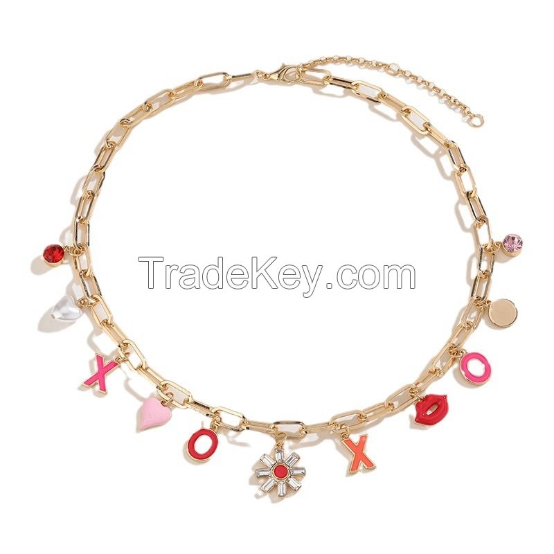 Kenjie pink XOXO necklace Women Europe and the United States spring Valentine's Day fashion design popular wear flower love necklace