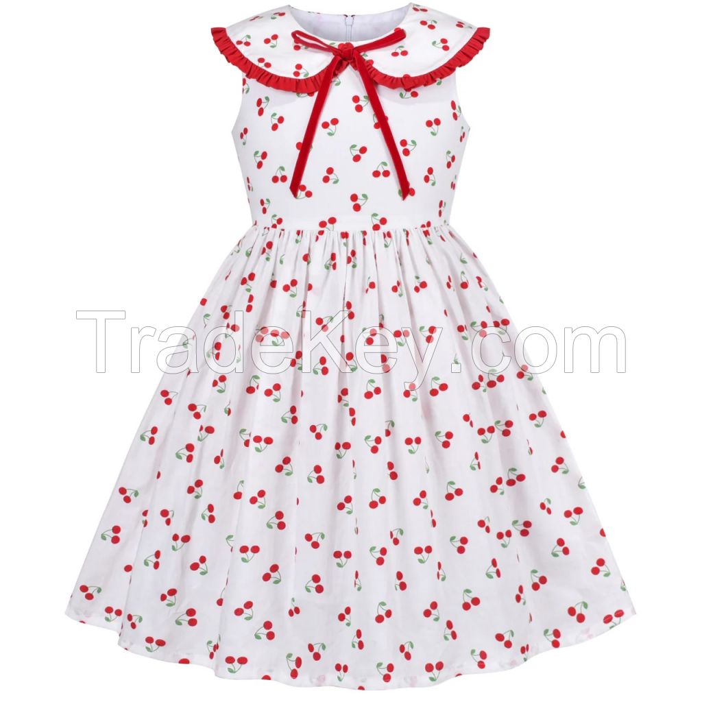 Girls Dress Vintage Velvet Bow Tie Round Collar Cherry Cotton Sleeveless Size 5-10 Years