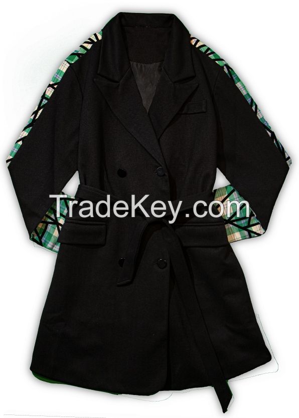 Fashion Women's Double Breasted Belted Jackets Blazers Featuring Contrast Plaid At Back With Flocked Allover Stripe Print