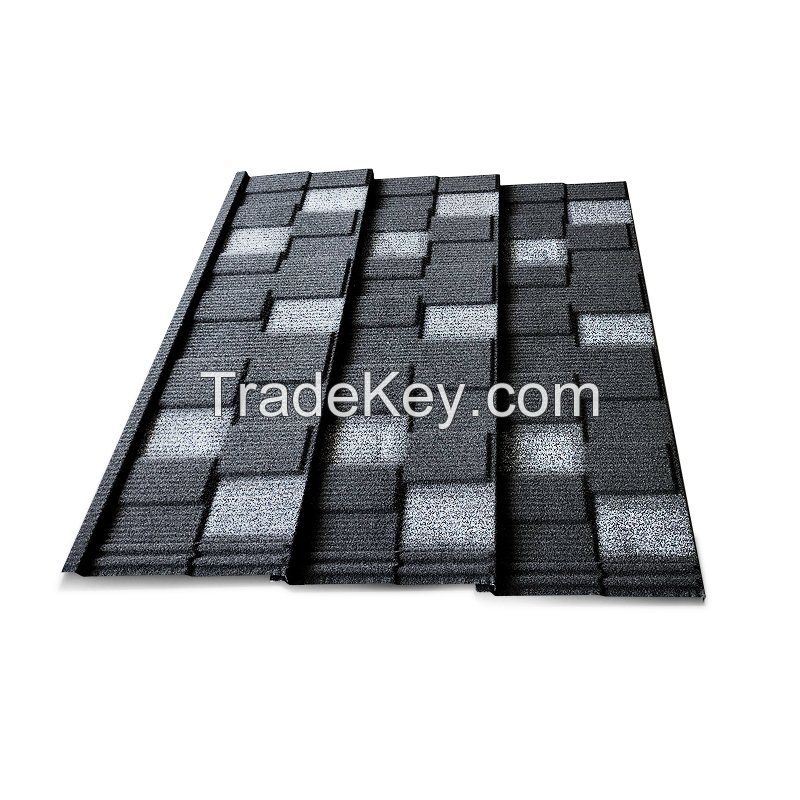 0.3-0.45mm Al-Zinc China Roofing Material Interlock Stone Coated Metal Roofing Sheet for Export Oversea Roof Construction Material Roofing Tiles