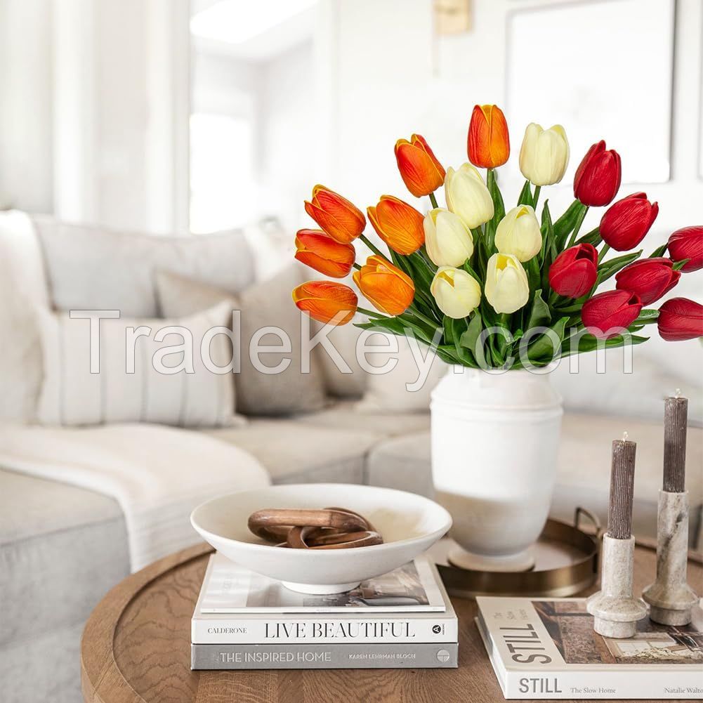 Flowers Artificial Tulip Silk Fake Flowers Tulips Real Touch Red and Yellow Artificial Flowers Fake Tulips Arrangement Bouquet