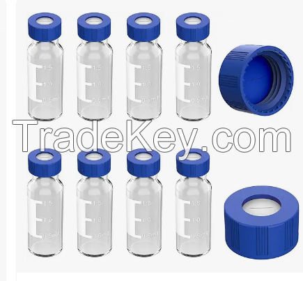 2ml 9mm HPLC Vial, Clear Autosampler Vial, 1.8ml BorosiliGlass Sample Vial with Graduation, 9-425 Type Screw Threaded Vial, Blue Screw Cap with Hole, White PTFE&amp;amp;Red Silicone Septa, 100 of Pack