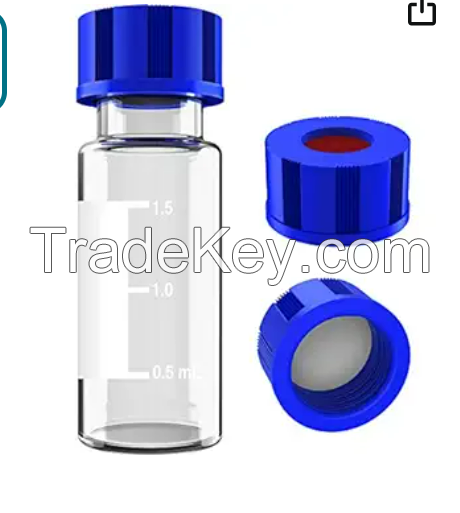 2ml 9mm HPLC Vial, Clear Autosampler Vial, 1.8ml BorosiliGlass Sample Vial with Graduation, 9-425 Type Screw Threaded Vial, Blue Screw Cap with Hole, White PTFE&amp;amp;Red Silicone Septa, 100 of Pack