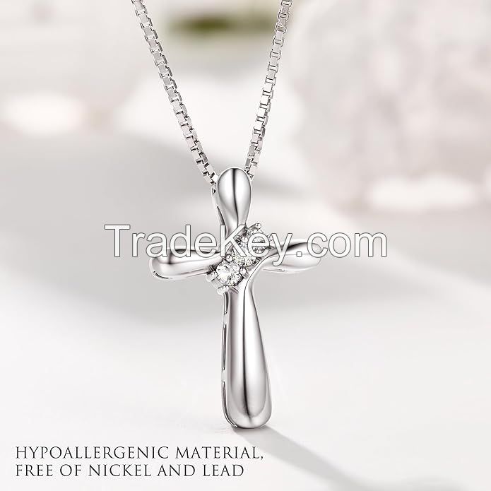 JEWELRY 925 Sterling Silver Cross Necklace for Women 3-Stone Cubic Zirconia Silver Cross Pendant Necklaces