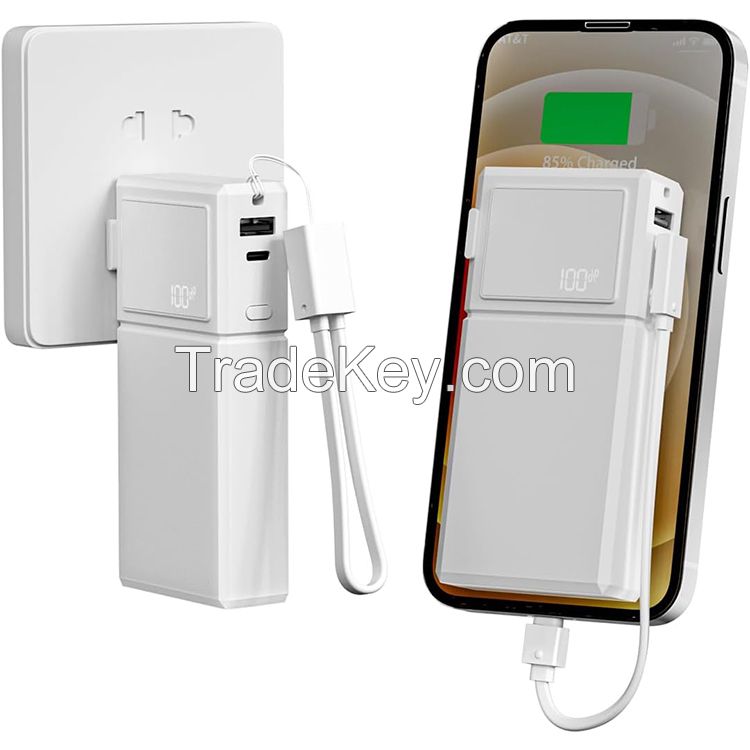 UUTEK PB183AC 2024 New Product PD30W Built-in AC Wall Plug USB C Power Bank 10000mah with Cable Power Banks for iPhone Android Phone