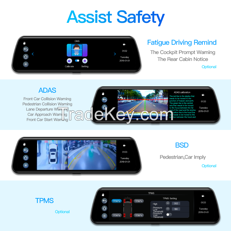 Car ADAS AVM Mirror Dashcam with DMS BSD TPMS Dual Record