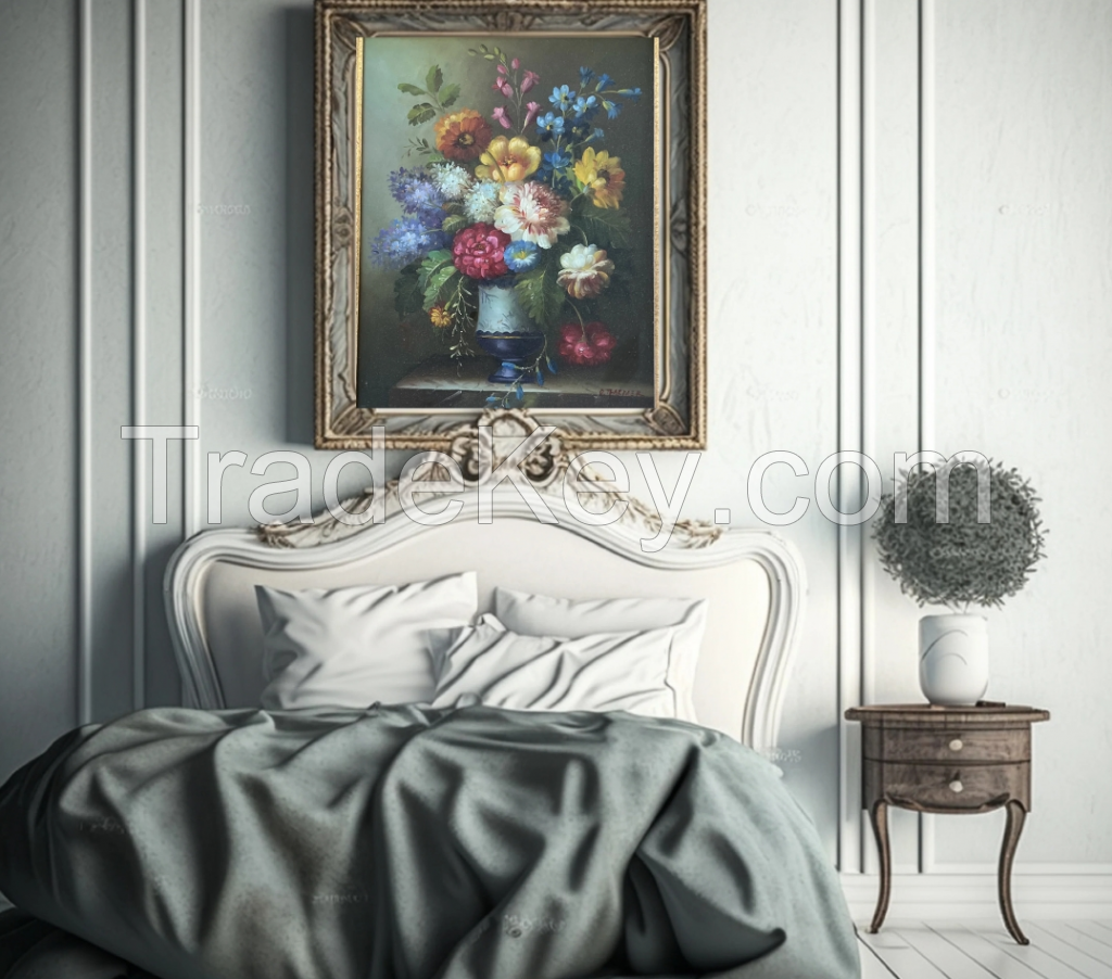 Vintage Floral Hand Painting in Golden Frame Oil on Wood French Art