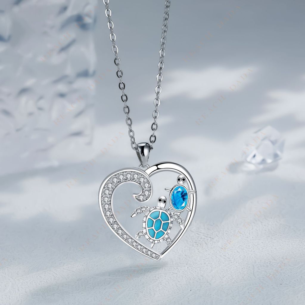 DaDa2024 hot sale blue zircon turtle pendant necklace silver heart-shaped necklace female birthday gift exquisite jewelry gift for mother