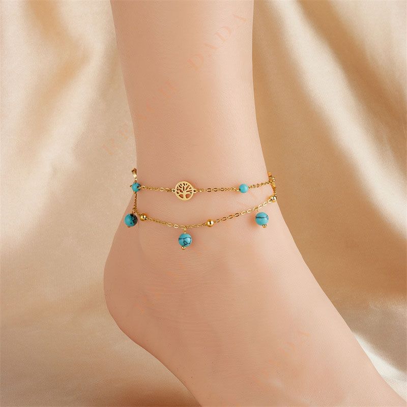 DaDa Fashion niche creative individual minimalist vintage turquoise pendant, tree of life connected double anklet