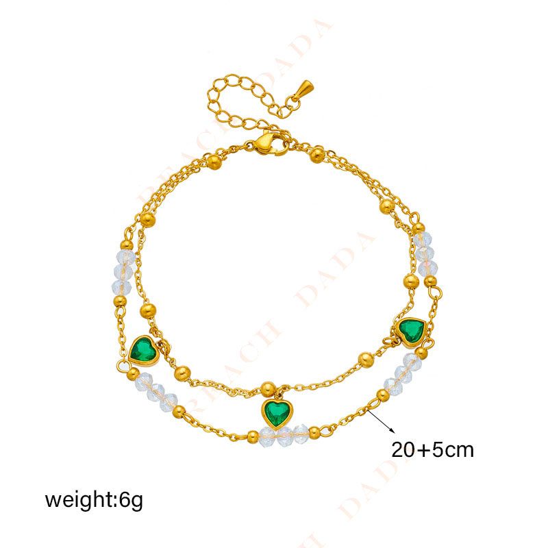 DaDa Fashion creativity personality vintage high-end double-layered beaded green love pendant accessories titanium steel anklet