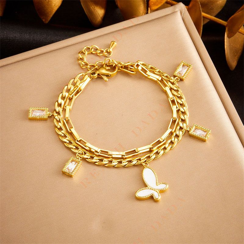 DaDa Stylish Personality Double stacked stainless steel gold-plated diamond cube shell butterfly pendant chain bracelet